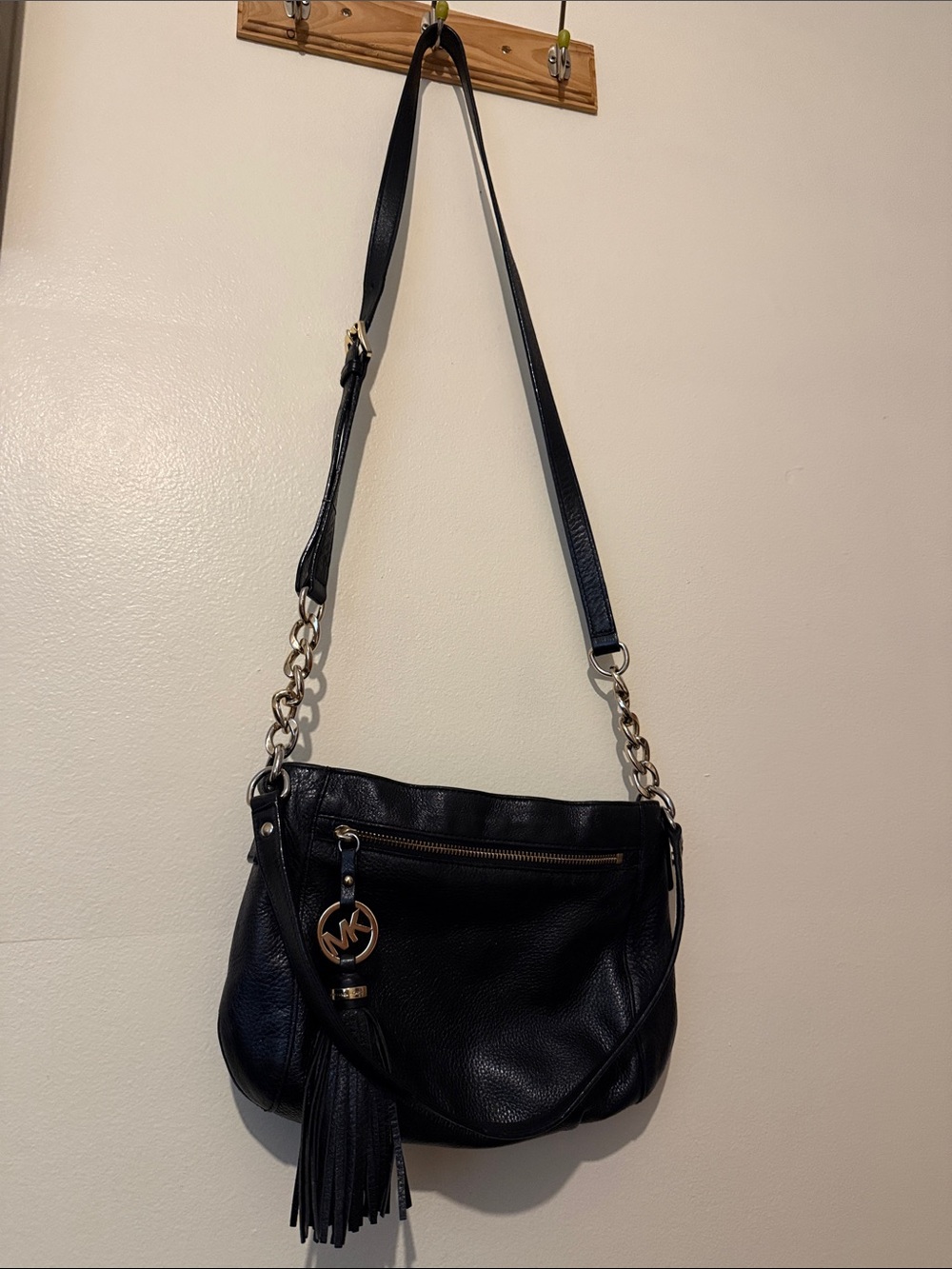 Michael Kors Black Leather Shoulder Bag with Tassel Charm